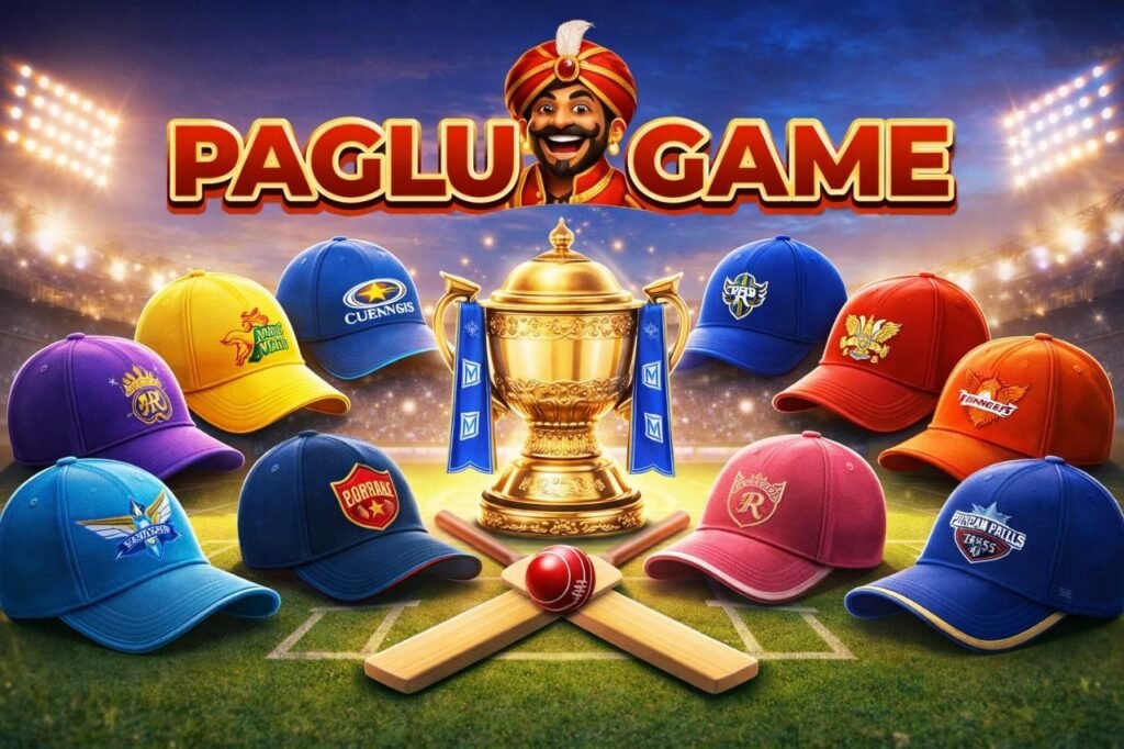 Paglu game cricket theme image with trophy, bats, ball and team caps